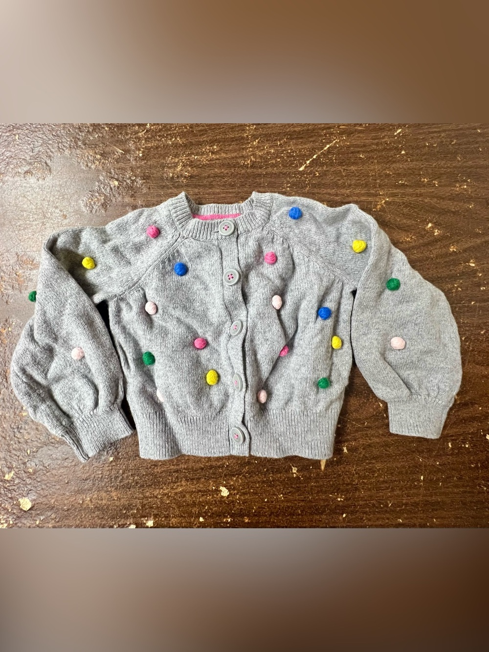 Mini Boden Girls 2-3Y 98cm Gray Pom Pom Bobble Cardigan Puff Sleeve Sweater